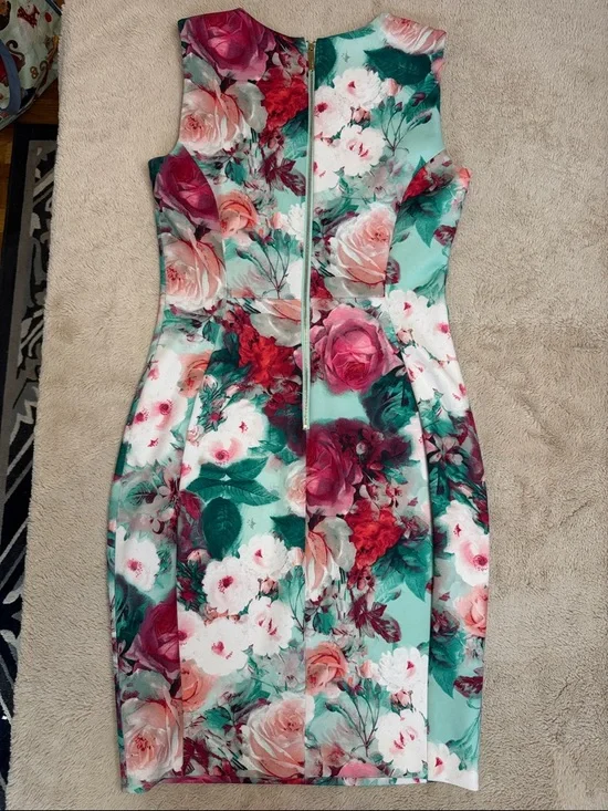Calvin Klein Mint Green Floral Midi Dress with Pink Roses sz 8 - Picture 10 of 12